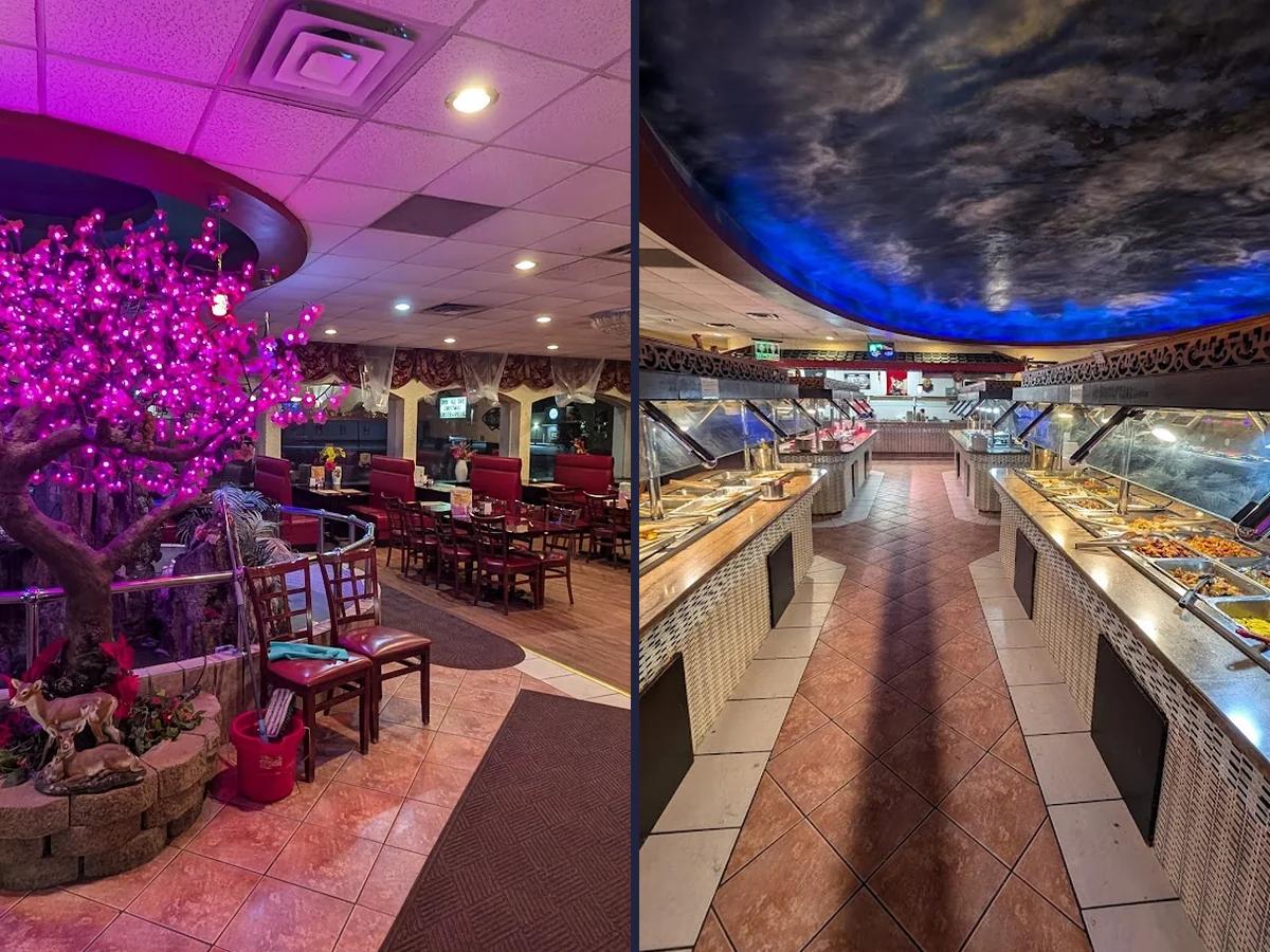 Buffet tables with sushi and hot dishes
