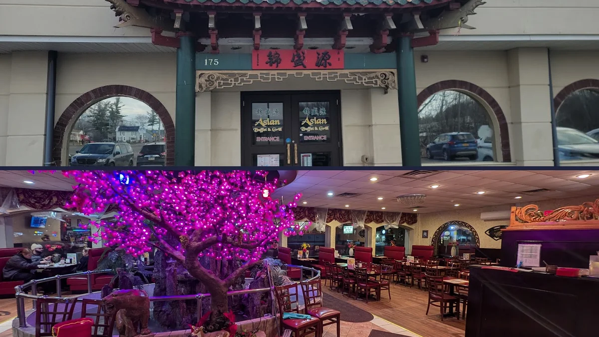 Banquet hall seating near the buffet line