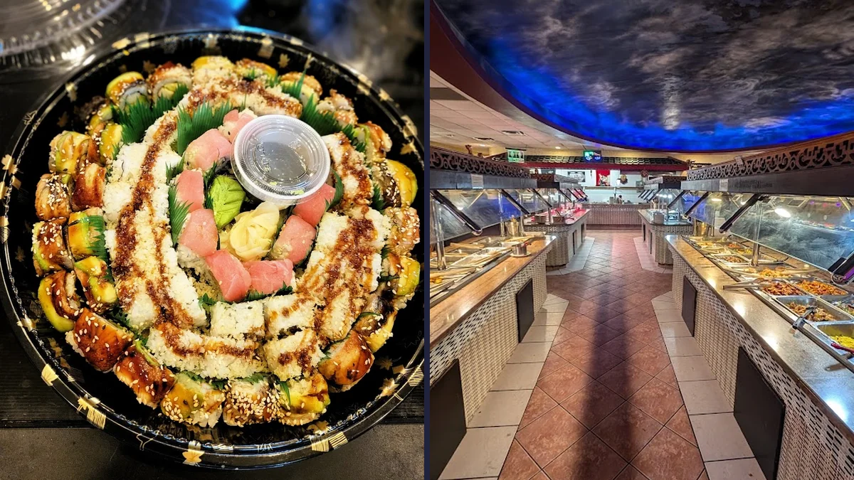 Buffet tables with sushi and hot dishes